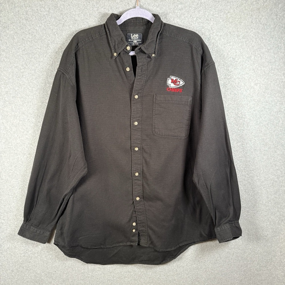 Vintage Kansas City Chiefs Button Up Mens Large Black Lee Sport Long Sleeve